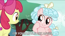 Size: 2880x1610 | Tagged: safe, derpibooru import, edit, edited screencap, screencap, apple bloom, cozy glow, earth pony, pegasus, pony, marks for effort, bow, cats don't dance, cozybetes, cute, darla dimple, duo, female, filly, hair bow, hoof on cheek, meme, tail bow