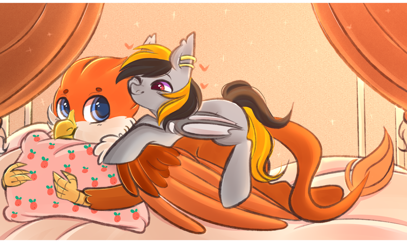 Size: 5000x3000 | Tagged: safe, artist:pesty_skillengton, derpibooru import, oc, bat pony, gryphon, bat pony oc, bedroom, cute, love