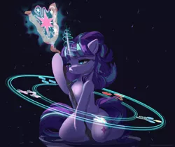 Size: 1576x1324 | Tagged: safe, artist:togeticisa, derpibooru import, starlight glimmer, pony, unicorn, bad end, black background, curved horn, female, glowing horn, implied mane six, magic, mare, s5 starlight, simple background, solo, staff, staff of sameness, the bad guy wins, this will end in communism