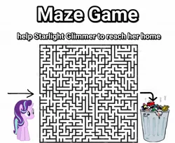 Size: 1386x1136 | Tagged: safe, derpibooru import, starlight glimmer, unicorn, abuse, arrow, downvote bait, drama, drama bait, game, glimmerbuse, maze, maze game, op failed at starting shit, simple background, starlight drama, trash can, white background, your waifu is trash