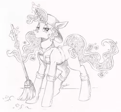 Size: 2481x2284 | Tagged: alicorn, artist:faline-art, black and white, broom, derpibooru import, female, glowing horn, grayscale, looking at you, magic, mare, monochrome, princess luna, safe, solo, sweeping, telekinesis, traditional art