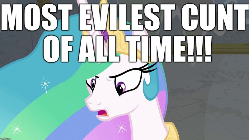 Size: 1280x720 | Tagged: abuse, background pony strikes again, bitchlestia, celestiabuse, cunt, derpibooru import, downvote bait, evil, excessive exclamation marks, female, grammar error, horse play, image macro, mare, meme, most evilest cunt of all time, princess celestia, safe, tyrant celestia, vulgar