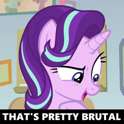 Size: 1220x1224 | Tagged: safe, derpibooru import, edit, edited screencap, screencap, starlight glimmer, pony, unicorn, marks for effort, brutal, cropped, female, image macro, mare, meme, mfw, open mouth, reaction image, solo