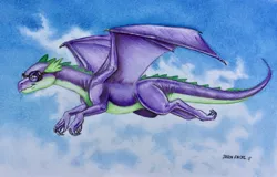 Size: 2048x1312 | Tagged: artist:baron engel, demo, derpibooru import, dragon, flying, goggles, male, safe, solo, spike, traditional art