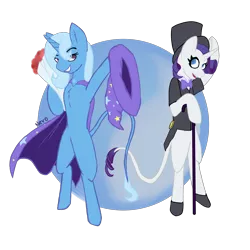 Size: 3024x3024 | Tagged: safe, artist:radioactive nero, derpibooru import, rarity, trixie, unicorn, alternate universe, bipedal, bowtie, cane, cape, clothes, flower, hat, leonine tail, no pupils, shoes, simple background, smiling, story in the source, suit, top hat, transparent background, trixie's hat, underhoof