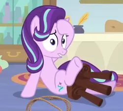 Size: 390x351 | Tagged: abuse, cropped, derpibooru import, edit, edited screencap, glimmerbuse, implied hanging, implied suicide attempt, it's not what it looks like, marks for effort, noose, not what it looks like, out of context, rope, screencap, semi-grimdark, solo, starlight glimmer, stool