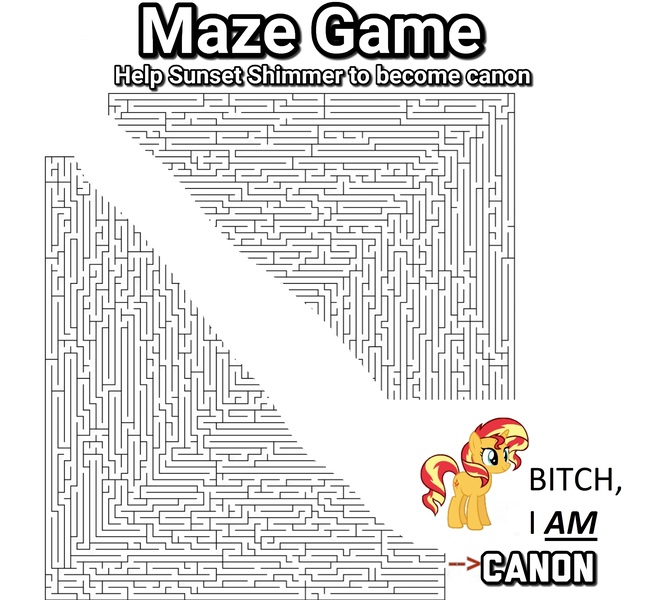 Size: 3656x3376 | Tagged: safe, derpibooru import, edit, sunset shimmer, unicorn, arrow, canon, cheating, close enough, dialogue, game, maze, maze game, response, simple background, text, vulgar, white background, you're such a cheater bro