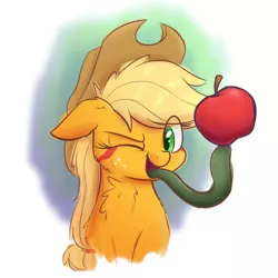 Size: 1600x1600 | Tagged: safe, artist:heir-of-rick, derpibooru import, applejack, earth pony, monster pony, original species, pony, tatzlpony, daily apple pony, abstract background, apple, bust, chest fluff, female, food, hidden cane, mare, one eye closed, portrait, smiling, solo, species swap, tatzljack, tongue out, wink