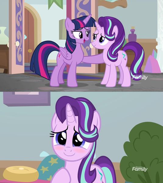 Size: 1278x1434 | Tagged: safe, derpibooru import, screencap, starlight glimmer, twilight sparkle, twilight sparkle (alicorn), alicorn, pony, unicorn, marks for effort, blushing, cute, daaaaaaaaaaaw, discovery family logo, duo, female, glimmerbetes, hoof on chest, lidded eyes, mare, open mouth, raised hoof, shipping fuel, smiling