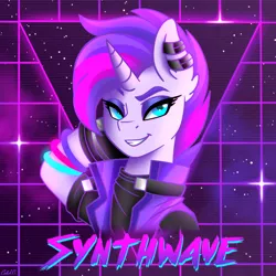 Size: 3000x3000 | Tagged: safe, artist:ciderpunk, derpibooru import, oc, oc:synthwave, unofficial characters only, unicorn, 80s, aesthetics, bust, clothes, cyberpunk, dreamworks face, ear piercing, earring, eyeshadow, glowstick, grid, jacket, jewelry, makeup, piercing, retro, retrowave, solo, synthwave
