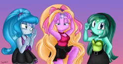 Size: 1024x533 | Tagged: safe, artist:queentigrel, derpibooru import, oc, oc:aglaope, oc:piscis, oc:radne, oc:the dark stars, mermaid, equestria girls, armpits, breasts, magic, ribbon