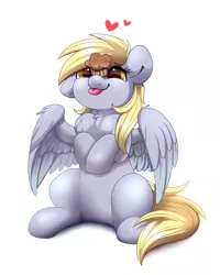 Size: 2000x2500 | Tagged: safe, artist:confetticakez, derpibooru import, derpy hooves, pegasus, pony, :p, chest fluff, cute, derpabetes, ear down, ear fluff, female, fluffy, food, heart, hooves up, mare, muffin, ponies balancing stuff on their nose, redraw, silly, simple background, sitting, solo, spread wings, tongue out, white background, wing fluff, wings