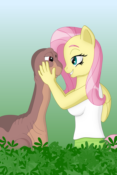 Size: 3495x5243 | Tagged: anthro, apatosaurus, artist:sergeant16bit, crossover, cuddling, derpibooru import, dinosaur, don bluth, female, fluttershy, foliage, gradient background, leaves, littlefoot, male, safe, the land before time