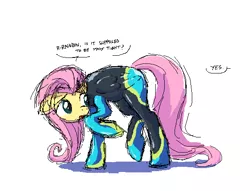 Size: 580x442 | Tagged: suggestive, artist:mint spring, derpibooru import, fluttershy, pegasus, pony, /mlp/, 4chan, clothes, colored, dialogue, drawthread, equestria girls outfit, female, image, implied rainbow dash, latex, mare, offscreen character, png, raised hoof, request, simple background, solo, stupid sexy fluttershy, swimsuit, tight clothing, wetsuit, white background