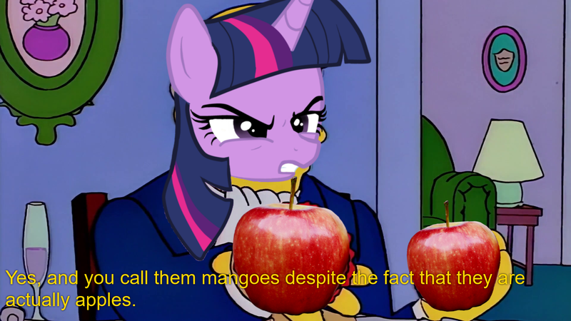 Size: 1920x1080 | Tagged: safe, derpibooru import, twilight sparkle, unicorn, scootertrix the abridged, angry, apple, food, implied applejack, lamp, meme, solo, steamed hams, the simpsons