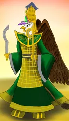 Size: 800x1400 | Tagged: safe, artist:horsesplease, derpibooru import, gilda, anthro, gryphon, armor, axe, cloak, clothes, crown, emerald, empress, gold, helmet, jewelry, khopesh, obsidian, paint tool sai, queen gilda, rabydosverse, regalia, robes, smiling, smirk, vozonid, weapon, wings