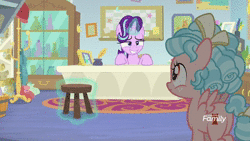 Size: 1280x720 | Tagged: safe, derpibooru import, screencap, cozy glow, starlight glimmer, marks for effort, animated, blanket, chocolate, comfort pillow, cup, empathy cocoa, female, filly, food, guidance counselor, hot chocolate, security blanket, smiling, sound, starlight's office, webm