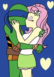 Size: 1120x1604 | Tagged: safe, artist:ppgmlpkndpokemongirl, derpibooru import, fluttershy, equestria girls, crack shipping, crossover, crossover shipping, female, heart, kissing, leonardo, male, shipping, straight, teenage mutant ninja turtles