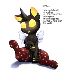 Size: 1674x1812 | Tagged: safe, alternate version, artist:confetticakez, derpibooru import, oc, oc:honey, changeling, changeling oc, clothes, cute, cute little fangs, dialogue, fangs, female, freckles, glowing eyes, lifted leg, mare, ocbetes, simple background, sitting, socks, text, white background, wings, yellow changeling