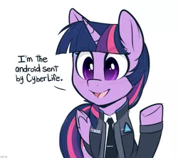 Size: 635x566 | Tagged: safe, artist:higgly-chan, derpibooru import, twilight sparkle, twilight sparkle (alicorn), alicorn, android, pony, robot, robot pony, clothes, connor, cosplay, costume, crossover, cute, detroit: become human, dialogue, female, folded wings, mare, rk800, simple background, smiling, solo, twiabetes, white background, wings