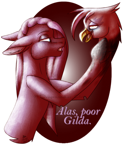 Size: 882x1012 | Tagged: semi-grimdark, artist:dragonseekerart, derpibooru import, gilda, pinkie pie, earth pony, gryphon, pony, fanfic:cupcakes, abstract background, alas poor yorick, blood, dead, decapitated, dialogue, duo, female, floppy ears, implied murder, mare, open mouth, pinkamena diane pie, severed head