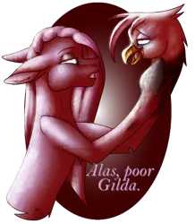 Size: 882x1012 | Tagged: semi-grimdark, artist:dragonseekerart, derpibooru import, gilda, pinkie pie, earth pony, gryphon, pony, fanfic:cupcakes, abstract background, alas poor yorick, blood, dead, decapitated, dialogue, duo, female, floppy ears, implied murder, mare, open mouth, pinkamena diane pie, severed head