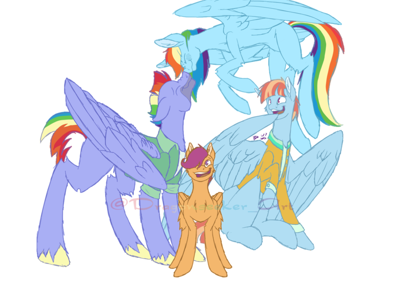 Size: 1500x1050 | Tagged: safe, artist:dragonseekerart, derpibooru import, bow hothoof, rainbow dash, scootaloo, windy whistles, pegasus, pony, clothes, eyes closed, family, female, flying, male, mare, missing cutie mark, nuzzling, scootalove, simple background, smiling, spread wings, stallion, transparent background, watermark, wings