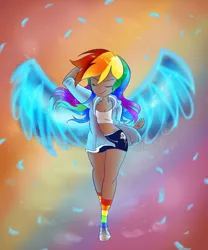 Size: 2214x2660 | Tagged: abstract background, artist:drawbauchery, belly, clothes, converse, dark skin, derpibooru import, female, hand on head, human, humanized, midriff, pleased, rainbow dash, rainbow socks, safe, shirt, shoes, shorts, socks, solo, spread wings, striped socks, wings