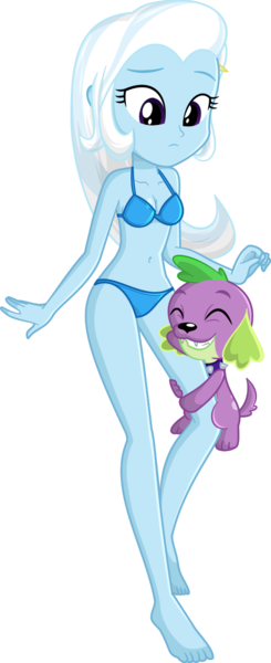 Size: 532x1301 | Tagged: safe, alternate version, artist:charliexe, derpibooru import, spike, trixie, dog, equestria girls, bikini, clothes, female, hug, leg hug, male, not sure if want, shipping, simple background, spike the dog, spixie, straight, swimsuit, transparent background