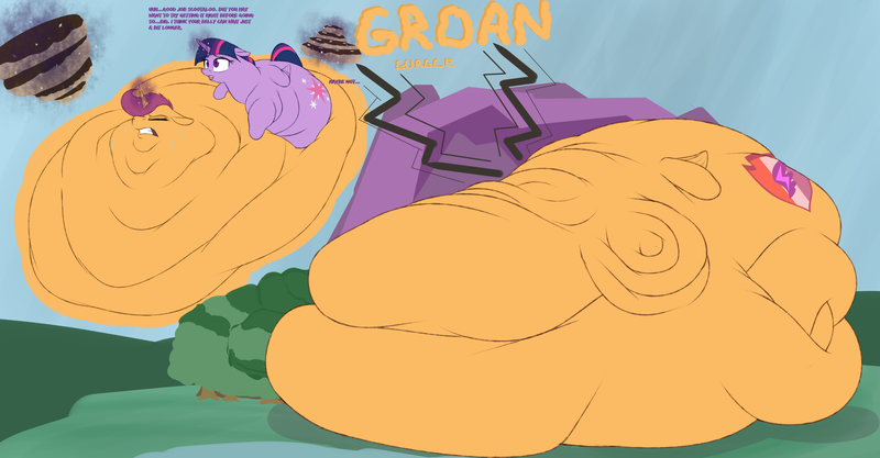 Size: 5756x3000 | Tagged: questionable, artist:astr0zone, derpibooru import, scootaloo, twilight sparkle, twilight sparkle (alicorn), alicorn, alicornified, belly, bingo wings, blob, cake, double chin, duo, fat, flabby chest, food, groan, huge butt, immobile, impossibly large, impossibly large belly, impossibly large butt, impossibly obese, large butt, magic, morbidly obese, mountain, neck roll, obese, race swap, rolls of fat, scootacorn, scootalard, spell, stomach noise, triple chin, twilard sparkle