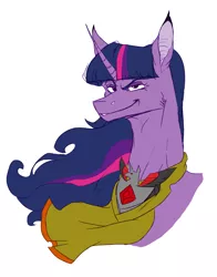 Size: 1931x2463 | Tagged: safe, artist:valo-son, derpibooru import, twilight sparkle, pony, alicorn amulet, bust, cape, clothes, corrupted twilight sparkle, dark twilight, dark twilight sparkle, evil twilight, female, mare, raised eyebrow, simple background, smiling, smirk, solo, tyrant sparkle, white background, windswept mane