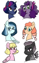 Size: 1483x2373 | Tagged: safe, artist:momonokee, derpibooru import, oc, oc:clementine, oc:gale winds, oc:nameoprock, oc:nightshade, oc:peach cobbler, oc:stellar nebula, unofficial characters only, bat pony, earth pony, pegasus, pony, unicorn, adopted offspring, bat pony oc, bucktooth, bust, female, interspecies offspring, male, mare, next generation, offspring, parent:applejack, parent:big macintosh, parent:dumbbell, parent:flim, parent:fluttershy, parent:pinkie pie, parent:rainbow dash, parent:rarity, parent:spike, parent:tempest shadow, parent:troubleshoes clyde, parent:twilight sparkle, parents:dumbdash, parents:flimjack, parents:fluttermac, parents:sparity, parents:tempestlight, parents:trouble pie, simple background, stallion, white background