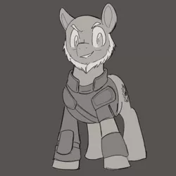 Size: 700x700 | Tagged: safe, artist:goat train, deleted from derpibooru, derpibooru import, oc, oc:fair trade, unofficial characters only, earth pony, pony, fallout equestria, fallout equestria: red 36, beard, clothes, facial hair, male, monochrome, old, simple background, smiling, smirk, solo, stallion