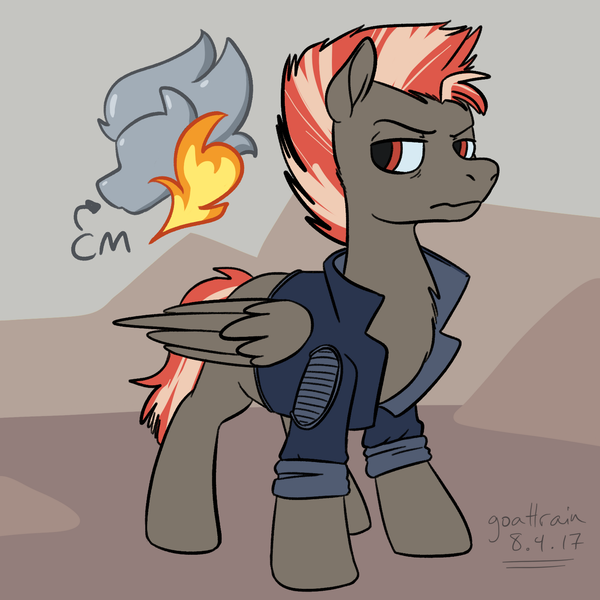 Size: 1456x1456 | Tagged: safe, artist:goat train, deleted from derpibooru, derpibooru import, oc, oc:hotshot, unofficial characters only, pegasus, pony, fallout equestria, fallout equestria: red 36, clothes, jacket, male, mohawk, simple background, solo, stallion