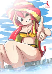 Size: 2894x4093 | Tagged: artist:ryured, bikini, breasts, busty sunset shimmer, cleavage, clothes, derpibooru import, female, human, humanized, looking at you, part of a set, smiling, solo, solo female, suggestive, sunset shimmer, swimming pool, swimsuit, water