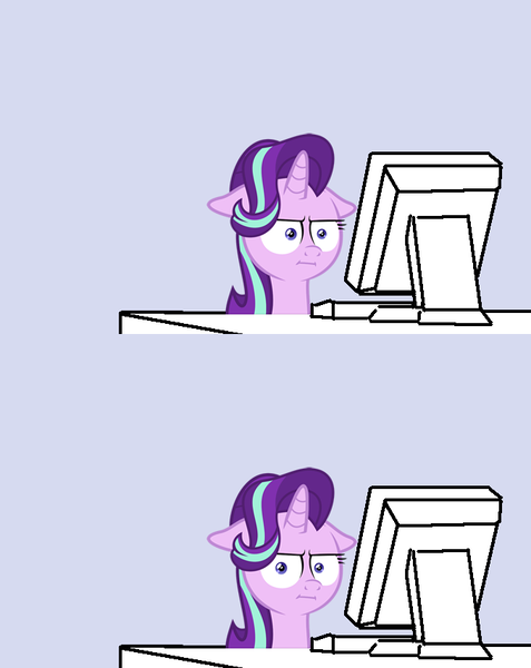 Size: 679x854 | Tagged: safe, artist:the smiling pony, derpibooru import, starlight glimmer, pony, unicorn, marks for effort, :i, computer, desk, faic, female, floppy ears, glare, gray background, i mean i see, keyboard, lidded eyes, looking at something, looking at you, mare, meme, monitor, reaction image, simple background, solo, unamused, wide eyes