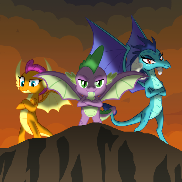 Size: 1500x1500 | Tagged: alternate version, artist:crisostomo-ibarra, cliff, crossed arms, derpibooru import, dragon, molt down, princess ember, safe, smolder, spike, winged spike