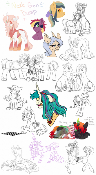 Size: 2000x3625 | Tagged: artist:whisperseas, brother and sister, bust, changepony, chessboard, chest fluff, derpibooru import, disguise, disguised changeling, female, hybrid, interspecies offspring, male, mother and daughter, mouth hold, noisemaker, oc, oc:ariadne, oc:chitin, oc:harvest apple, oc:hearth apple, oc:jadeite, oc:kalypso, oc:nymph, oc:stormhoof, oc:sugar plum, oc:taffy twirl, oc:tizoc, oc:topaz apple, oc x oc, offspring, offspring shipping, offspring's offspring, parent:ahuizotl, parent:big macintosh, parent:daring do, parent:discord, parent:fluttershy, parent:iron will, parent:king sombra, parent:marble pie, parent:oc:peachy keen, parent:oc:princess iridescence, parent:oc:prism bolt, parent:oc:turquoise blitz, parent:party favor, parent:pinkie pie, parent:princess celestia, parent:queen chrysalis, parents:chrysombra, parents:darizotl, parents:dislestia, parents:ironshy, parents:marblemac, parents:oc x oc, parents:partypie, queen chrysalis, safe, scruff, shipping, siblings, simple background, sketch, sketch dump, snuggling, straight, white background