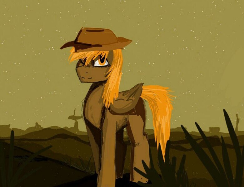 Size: 931x715 | Tagged: safe, artist:ognifireheart, derpibooru import, oc, oc:calamity, unofficial characters only, pegasus, pony, fallout equestria, fanfic, cowboy hat, dashite, fanfic art, hat, hooves, male, night, solo, stallion, stars, stetson, wings