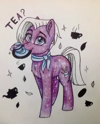 Size: 1551x1930 | Tagged: safe, artist:ognifireheart, derpibooru import, jasmine leaf, earth pony, pony, clothes, cup, female, food, looking at you, mare, plate, scarf, solo, sparkles, tea, teacup, teapot, traditional art