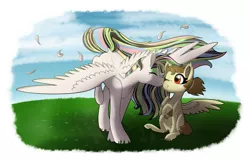 Size: 3661x2362 | Tagged: safe, artist:marukouhai, derpibooru import, oc, oc:euli, oc:winter storm, unofficial characters only, pegasus, pony, adopted offspring, female, high res, kissing, mare, offspring, parent:bulk biceps, parent:fluttershy, parent:thunderlane, parents:flutterbulk, size difference