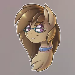 Size: 934x941 | Tagged: safe, artist:capseys, derpibooru import, oc, oc:dawnsong, unofficial characters only, earth pony, pony, brown background, bust, chest fluff, choker, female, glasses, gray background, looking at you, mare, octavia background, sideways glance, simple background, smiling, solo