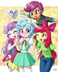 Size: 809x1000 | Tagged: safe, artist:uotapo, derpibooru import, apple bloom, cozy glow, scootaloo, sweetie belle, equestria girls, marks for effort, adorabloom, blushing, boots, bow, clothes, cozybetes, cute, cutealoo, cutie mark crusaders, daaaaaaaaaaaw, diasweetes, dress, dunce hat, equestria girls-ified, eyes closed, female, hair bow, hat, holding hands, jacket, one eye closed, open mouth, pants, quartet, shirt, shoes, skirt, teary eyes, uotapo is trying to murder us, wink