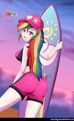 Size: 2149x3523 | Tagged: safe, alternate version, artist:clouddg, derpibooru import, rainbow dash, equestria girls, adorasexy, ass, beach, board shorts, cap, clothes, cute, female, hat, high res, human coloration, midriff, open mouth, questionable source, rainbutt dash, sexy, shorts, signature, solo, surfboard, swimsuit