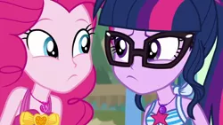 Size: 1280x720 | Tagged: safe, derpibooru import, screencap, pinkie pie, sci-twi, twilight sparkle, equestria girls, equestria girls series, friendship math, clothes, duo, duo female, female, glasses, swimsuit