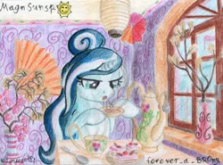 Size: 2445x1814 | Tagged: safe, artist:magnifsunspiration, derpibooru import, oc, oc:pastel berry, pony, unicorn, female, food, mare, solo, tea, traditional art