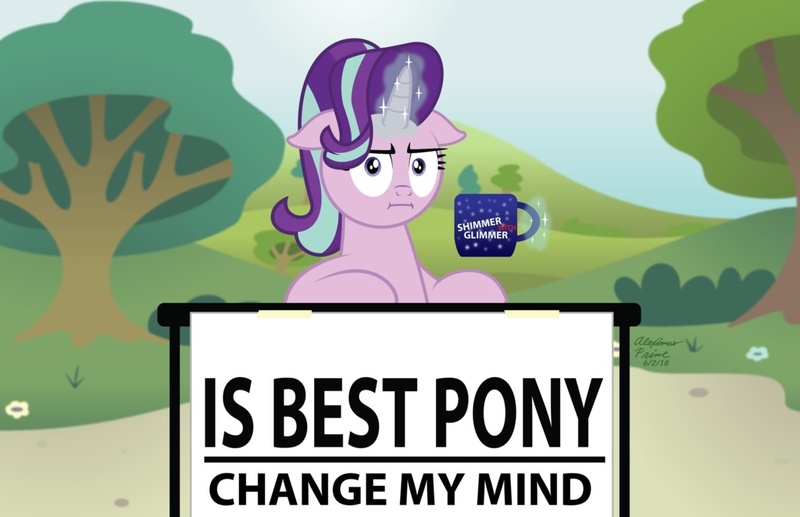 Size: 1024x662 | Tagged: safe, artist:aleximusprime, derpibooru import, edit, starlight glimmer, pony, unicorn, marks for effort, :i, best pony, change my mind, coffee mug, crossing the memes, female, floppy ears, i mean i see, looking at you, magic, mare, meme, mug, solo, steven crowder, telekinesis, tree