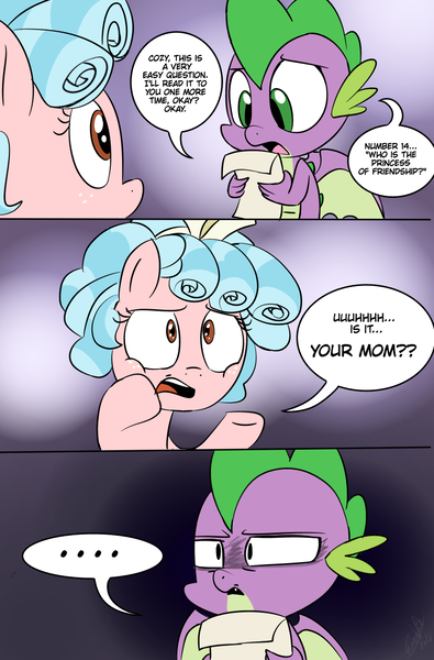 Size: 800x1214 | Tagged: safe, artist:emositecc, derpibooru import, cozy glow, spike, dragon, pegasus, pony, marks for effort, ..., comic, dialogue, female, filly, implied mama twilight, implied twilight sparkle, male, speech bubble, technically correct, winged spike, your mom