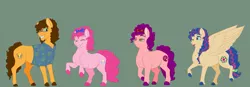 Size: 3005x1047 | Tagged: safe, artist:ganashiashaka, derpibooru import, cheese sandwich, pinkie pie, oc, oc:pinni, oc:razzleberry, earth pony, pegasus, pony, cheesepie, clothes, female, green background, male, mare, offspring, older, parent:cheese sandwich, parent:pinkie pie, parents:cheesepie, shipping, shirt, simple background, straight