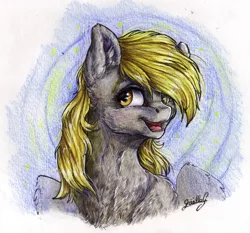 Size: 1558x1450 | Tagged: safe, artist:gaelledragons, derpibooru import, derpy hooves, pegasus, pony, abstract background, chest fluff, colored pencil drawing, female, happy, mare, smiling, solo, traditional art